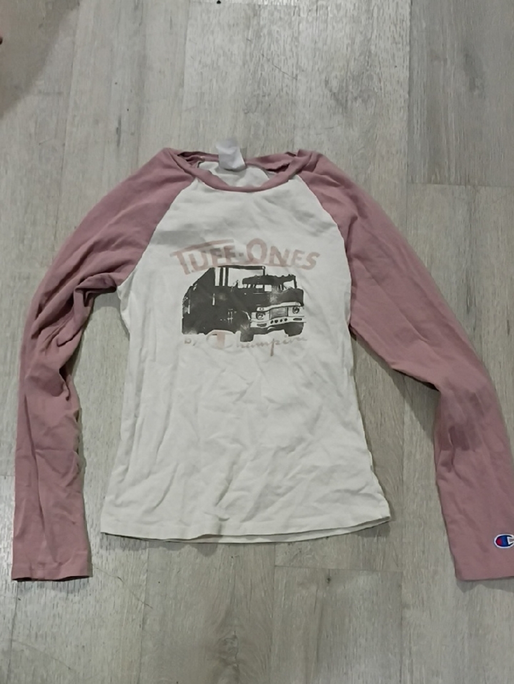 Champion Pink and White Raglan Long-Sleeve Tee with Truck Graphic